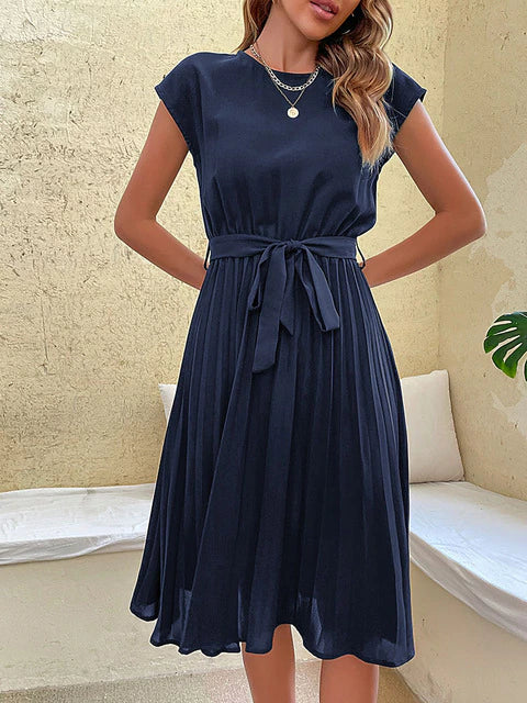 Cap Sleeve Round Neck Tie Belt Accordion Pleat A-Line Midi Dress