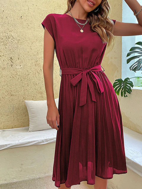 Cap Sleeve Tie Waist Accordion Pleat Midi Dress