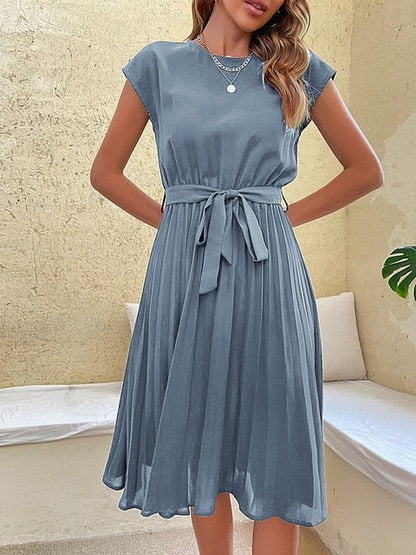 Cap Sleeve Round Neck Tie Belt Accordion Pleat A-Line Midi Dress