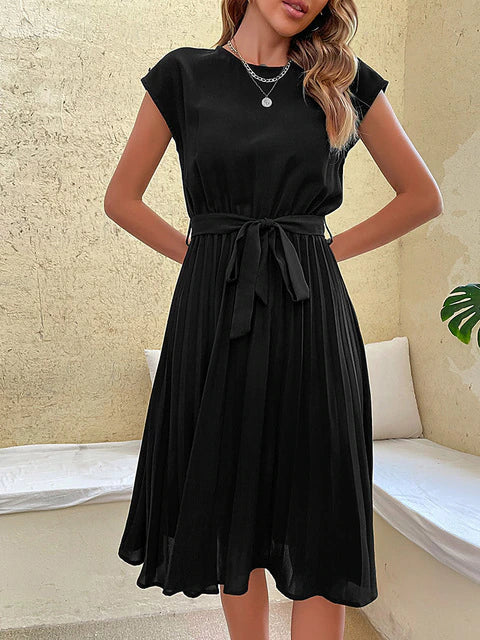 Cap Sleeve Round Neck Tie Belt Accordion Pleat A-Line Midi Dress