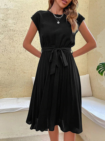 Cap Sleeve Round Neck Tie Belt Accordion Pleat A-Line Midi Dress