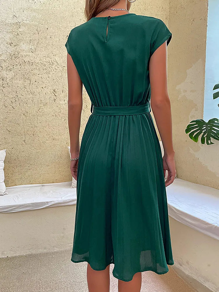 Cap Sleeve Round Neck Tie Belt Accordion Pleat A-Line Midi Dress
