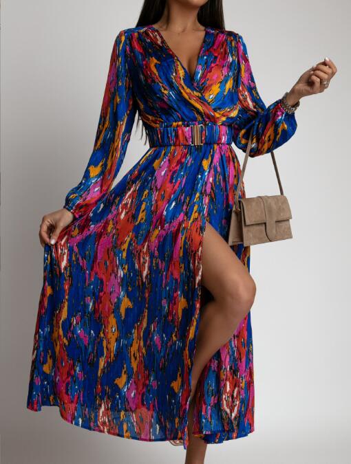 Abstract Brushstroke Print Wrap Bodice Bishop Sleeve Belted Maxi Dress