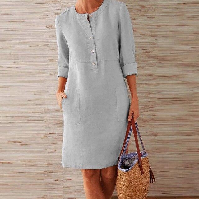 Round Neck Henley Button Dual Patch Pocket Shift Knee Length Dress