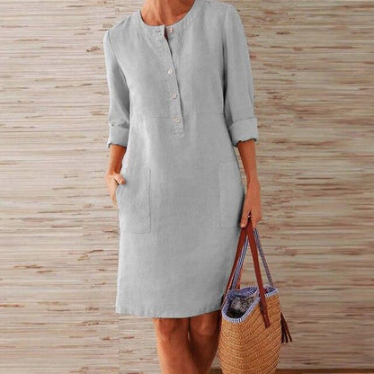 Round Neck Henley Button Dual Patch Pocket Shift Knee Length Dress