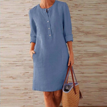 Round Neck Henley Button Dual Patch Pocket Shift Knee Length Dress