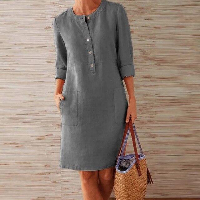 Round Neck Henley Button Dual Patch Pocket Shift Knee Length Dress