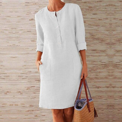 Round Neck Henley Button Dual Patch Pocket Shift Knee Length Dress