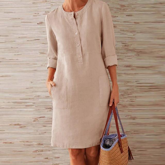 Round Neck Henley Button Dual Patch Pocket Shift Knee Length Dress