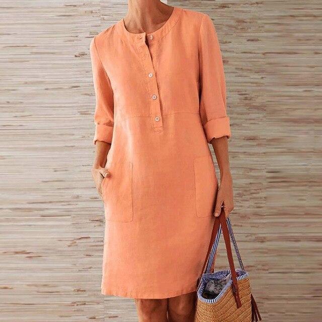 Round Neck Henley Button Dual Patch Pocket Shift Knee Length Dress