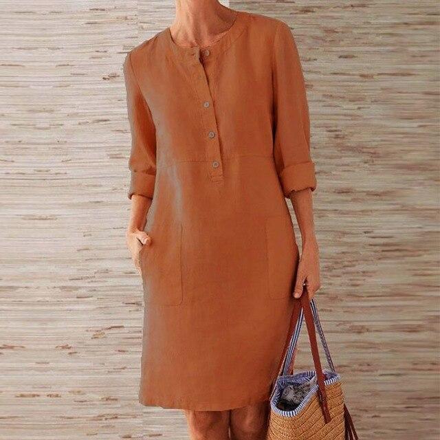 Round Neck Henley Button Dual Patch Pocket Shift Knee Length Dress
