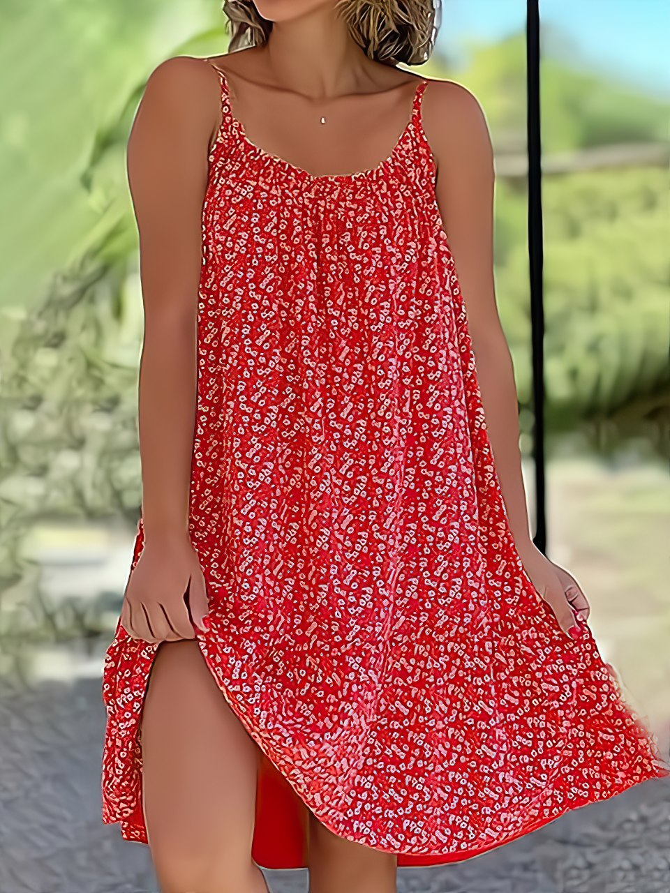 Spaghetti Strap Round Neck Ditsy Print Side Slit Flowy Midi Dress