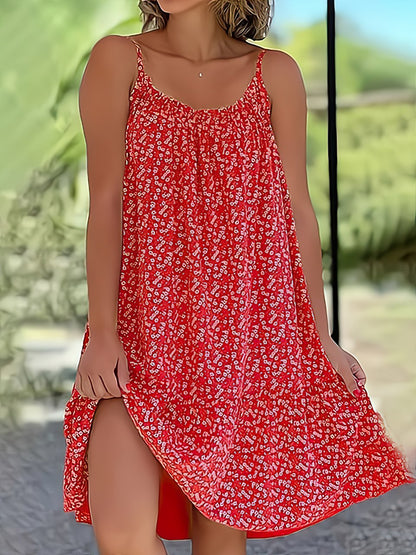 Spaghetti Strap Round Neck Ditsy Print Side Slit Flowy Midi Dress