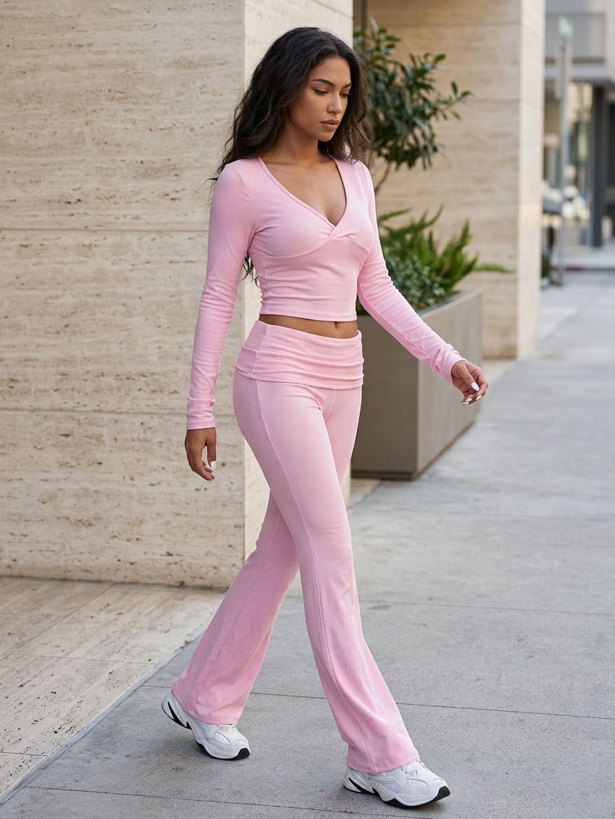 Long Sleeve Two Piece Outfits For Women - V Neck Slim Fit Crop Top And Flared Pants Yoga Set - Spring Gym Lounge 2026