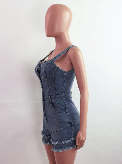 Deep V Neck Denim Romper For Women - Medium Blue Sexy Bodycon Frayed Hem Shorts Jumpsuit - Summer Music Festival Party 2026