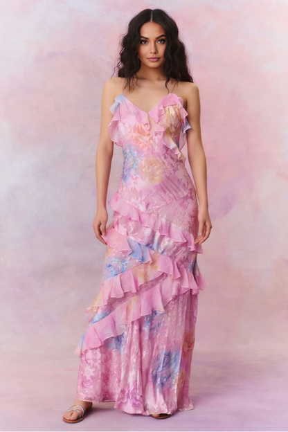 | Sheer floral maxi dress with soft ruffle cascade