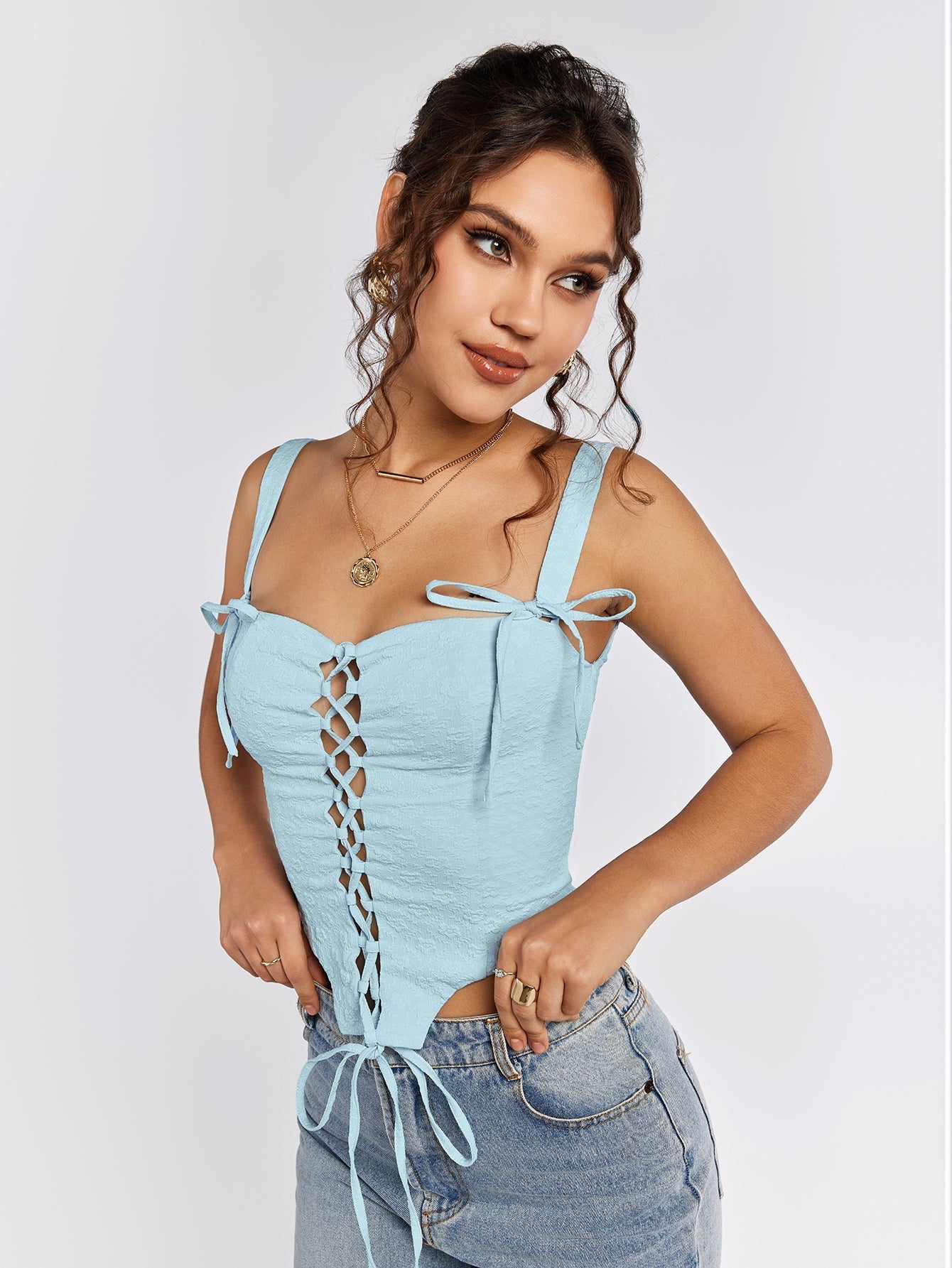 Jacquard Crisscross Front Asymmetrical Hem Top