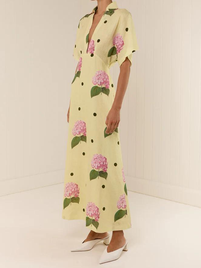 Hydrangea Polka Dot Print Collar V-Neck Short Flutter Sleeve Linen Look Maxi Dress