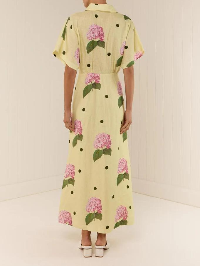 Hydrangea Polka Dot Print Collar V-Neck Short Flutter Sleeve Linen Look Maxi Dress