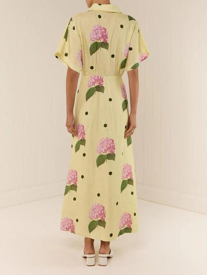 Hydrangea Polka Dot Print Collar V-Neck Short Flutter Sleeve Linen Look Maxi Dress