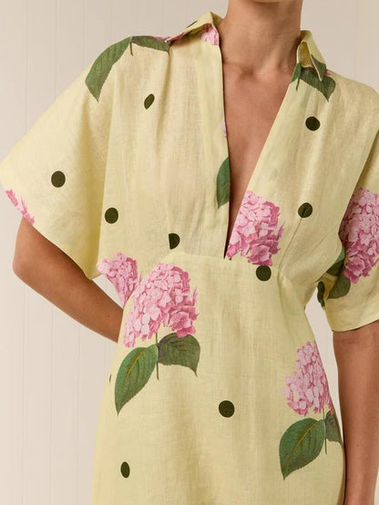 Hydrangea Polka Dot Print Collar V-Neck Short Flutter Sleeve Linen Look Maxi Dress