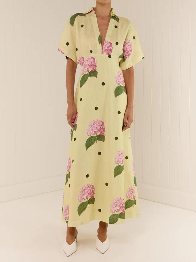 Hydrangea Polka Dot Print Collar V-Neck Short Flutter Sleeve Linen Look Maxi Dress