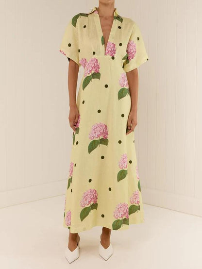 Hydrangea Polka Dot Print Collar V-Neck Short Flutter Sleeve Linen Look Maxi Dress