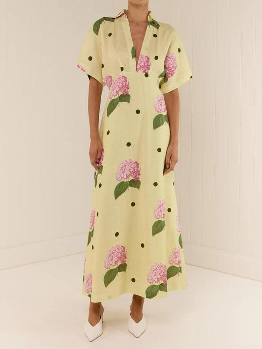 Hydrangea Polka Dot Print Collar V-Neck Short Flutter Sleeve Linen Look Maxi Dress