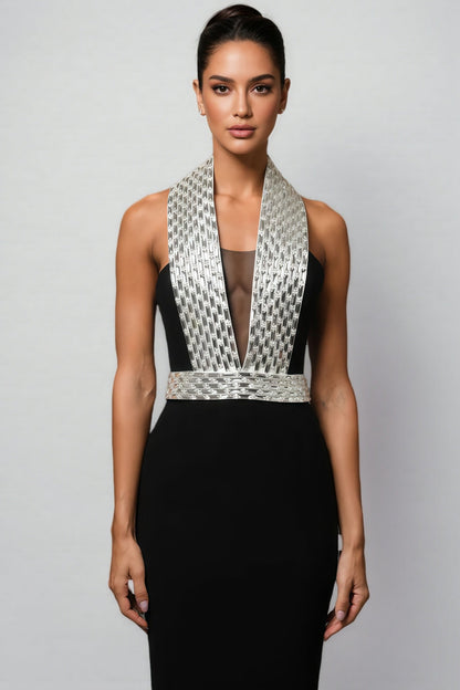 Ierra Black Diamond Studded Backless Maxi Dress