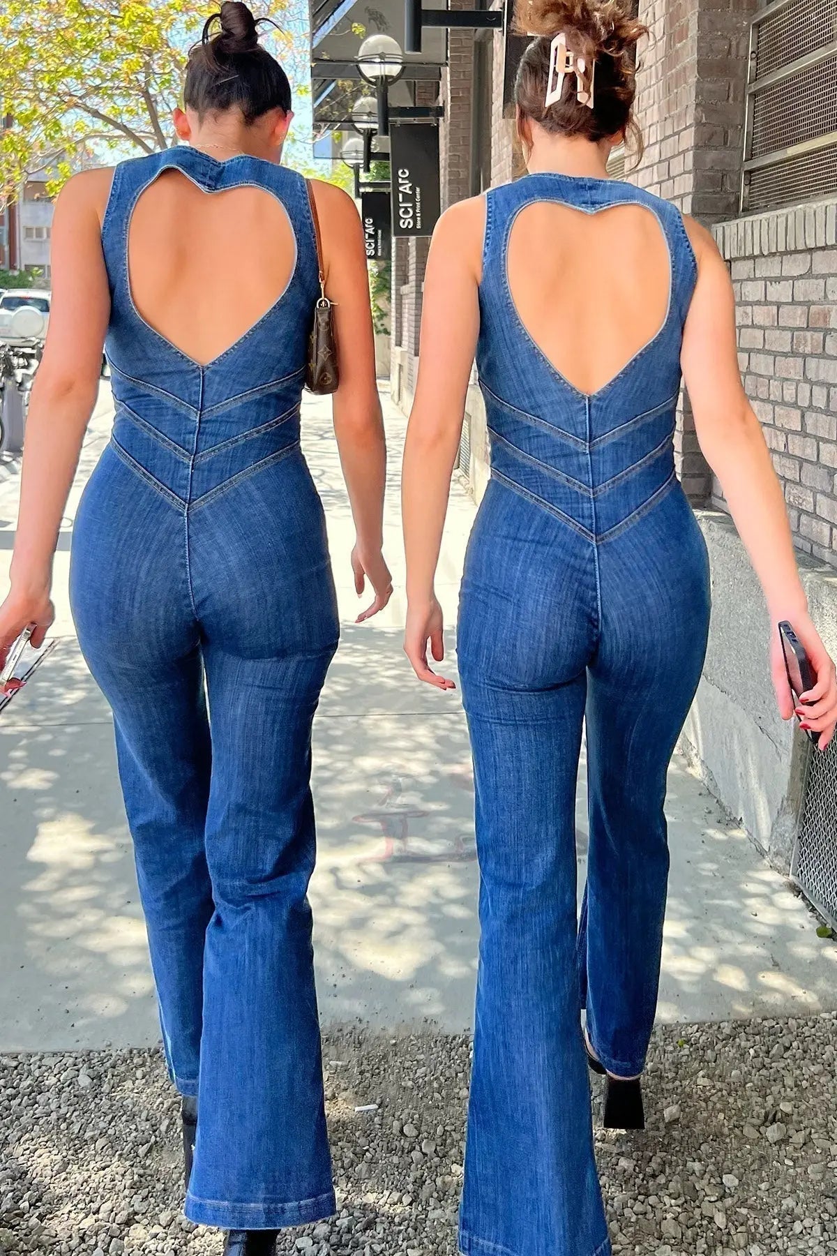 | Fitted Denim Jumpsuit with Plunge Neck and Flared Legs