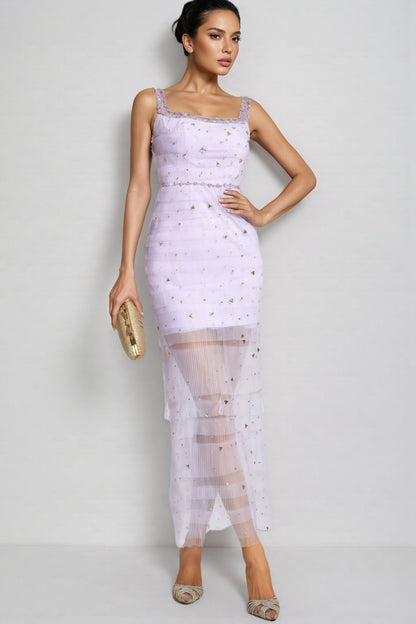 Arthura Purple Diamond Mesh Midi Dress