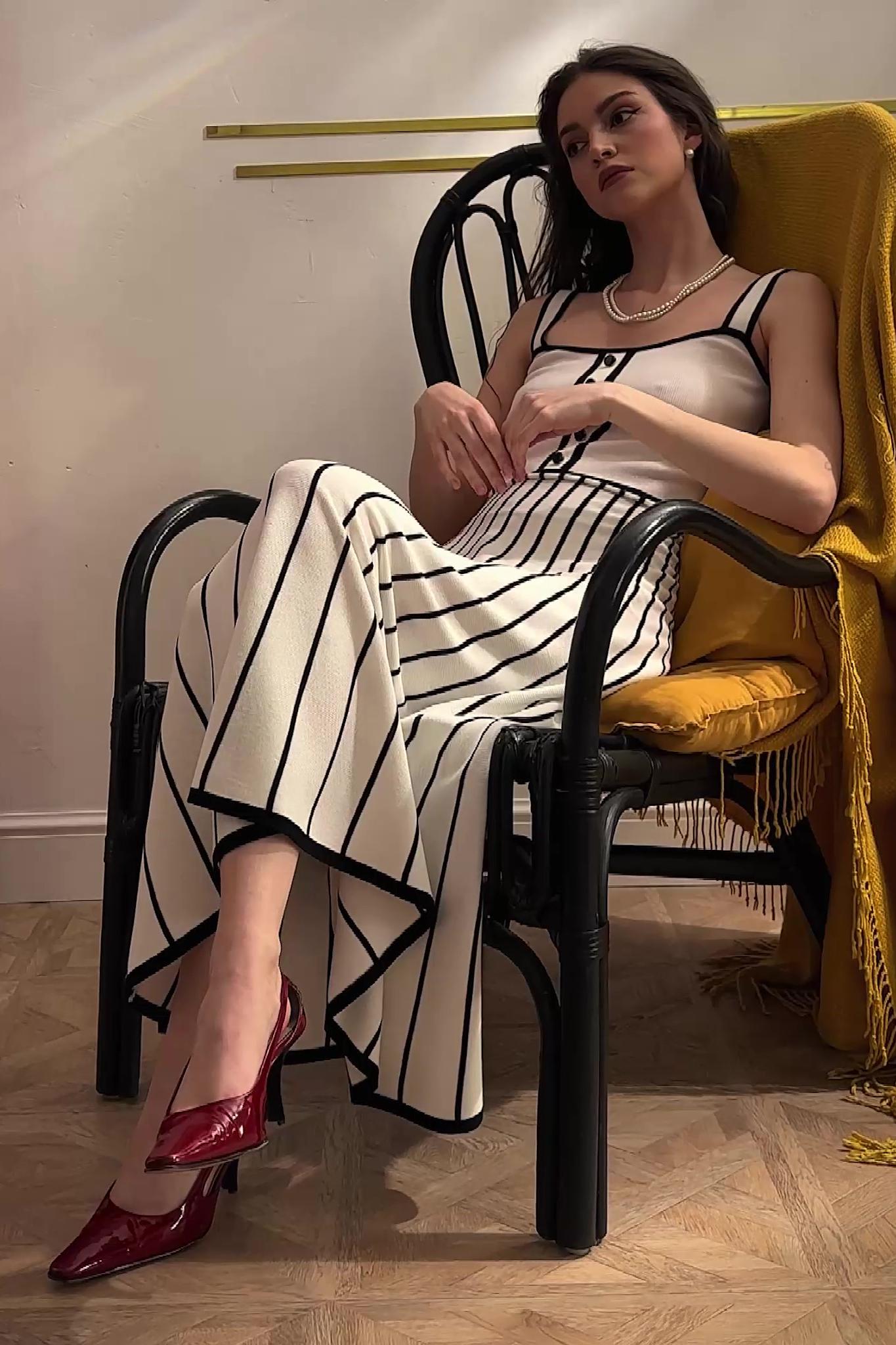 Contrast Trim Button-Front Vertical Stripe Fit-and-Flare Knit Midi Dress