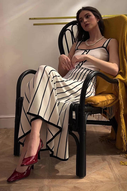Contrast Trim Button-Front Vertical Stripe Fit-and-Flare Knit Midi Dress