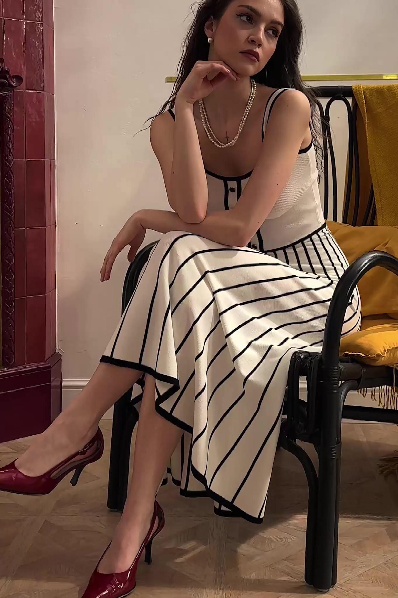 Contrast Trim Button-Front Vertical Stripe Fit-and-Flare Knit Midi Dress