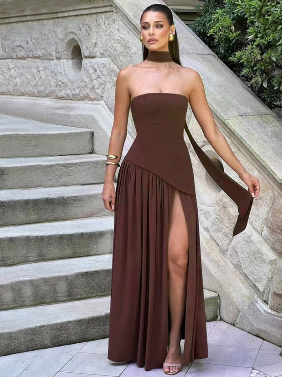 Asymmetric Design Strapless Maxi Party Dress With Scarf For Women 2026