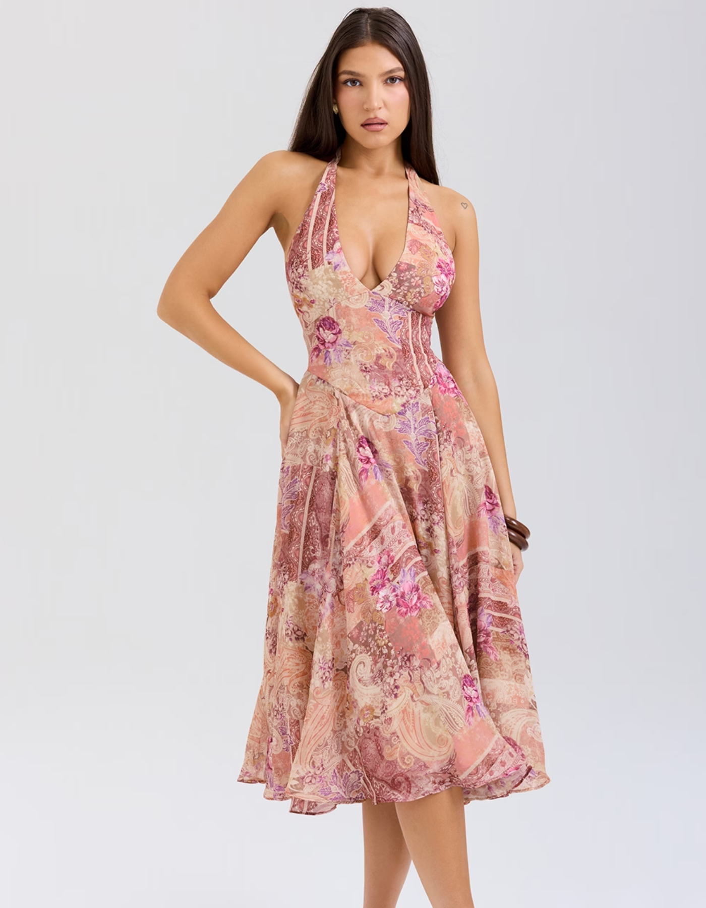 | Paisley Patchwork Print Halter Midi Dress