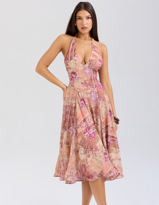 | Paisley Patchwork Print Halter Midi Dress