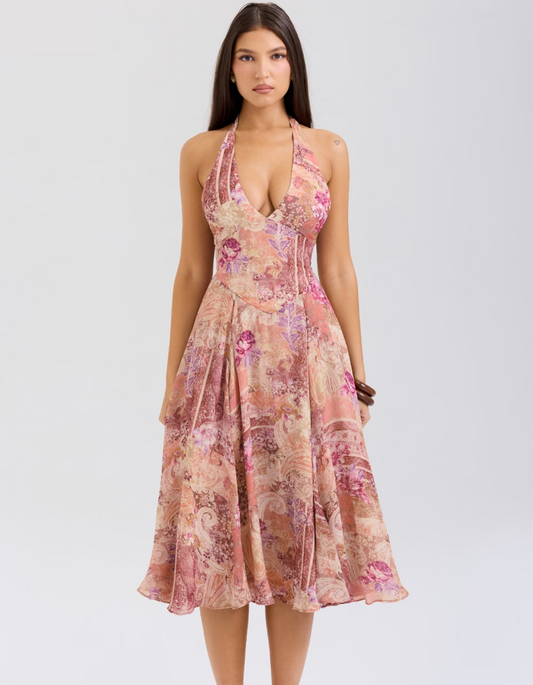 | Paisley Patchwork Print Halter Midi Dress