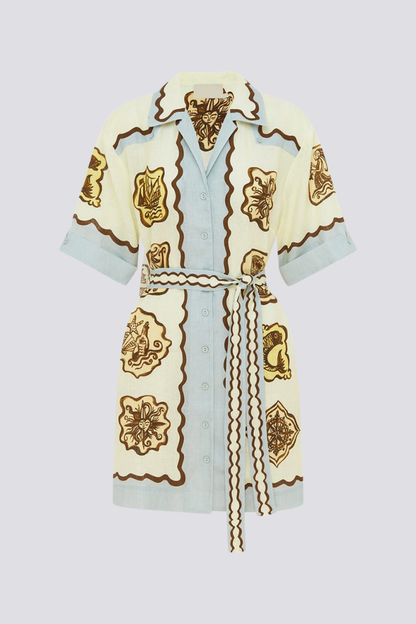 Maritime Print Scallop Trim Button Shirt and Shorts Set