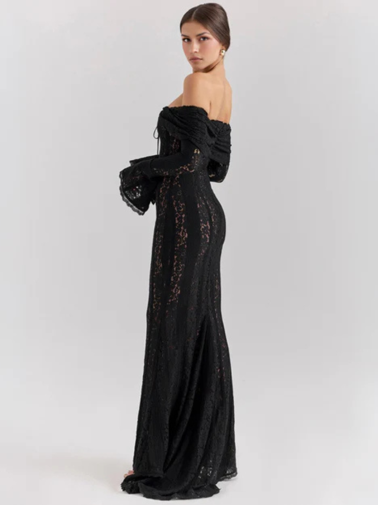 Women's Off-Shoulder Lace Flowing Silhouette Maxi Dress – Elegant Long Sleeve Occasion Gown