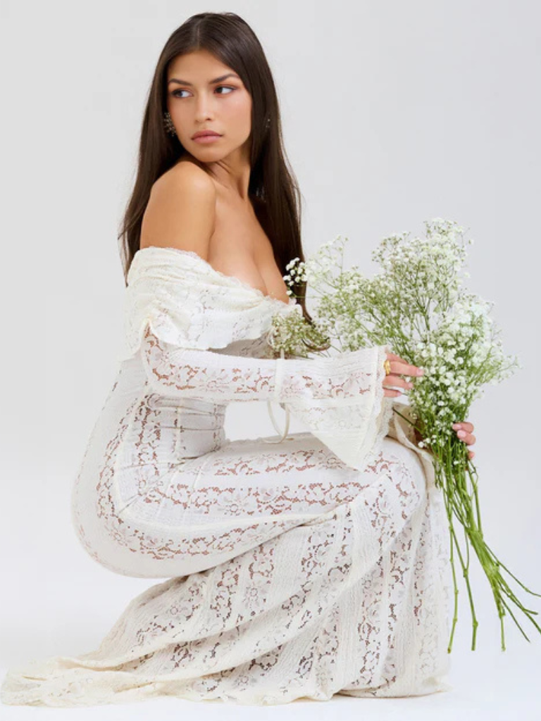Women's Off-Shoulder Lace Flowing Silhouette Maxi Dress – Elegant Long Sleeve Occasion Gown