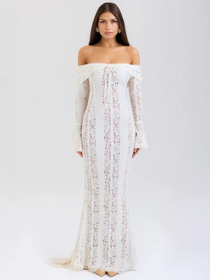 Women's Off-Shoulder Lace Flowing Silhouette Maxi Dress – Elegant Long Sleeve Occasion Gown