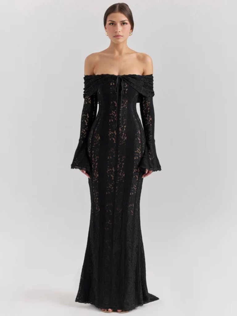 Women's Off-Shoulder Lace Flowing Silhouette Maxi Dress – Elegant Long Sleeve Occasion Gown