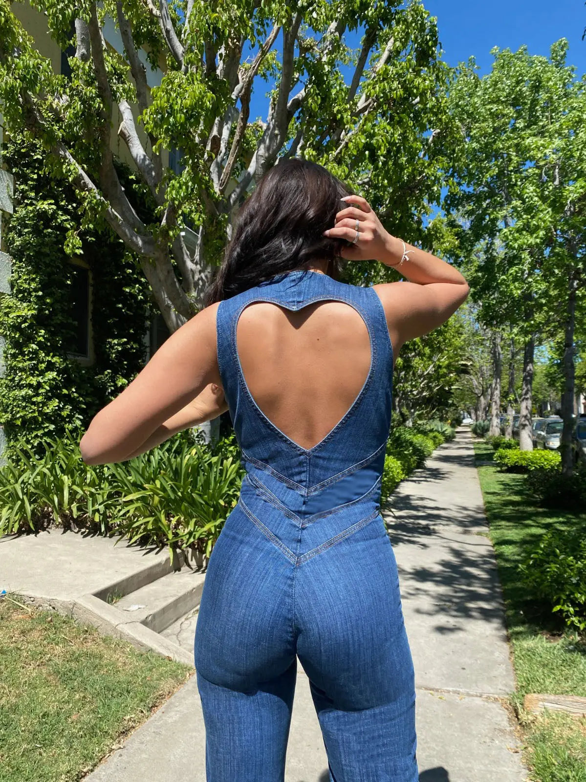 | Fitted Denim Jumpsuit with Plunge Neck and Flared Legs