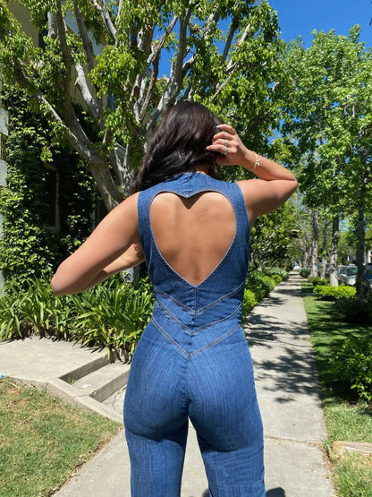 | Fitted Denim Jumpsuit with Plunge Neck and Flared Legs