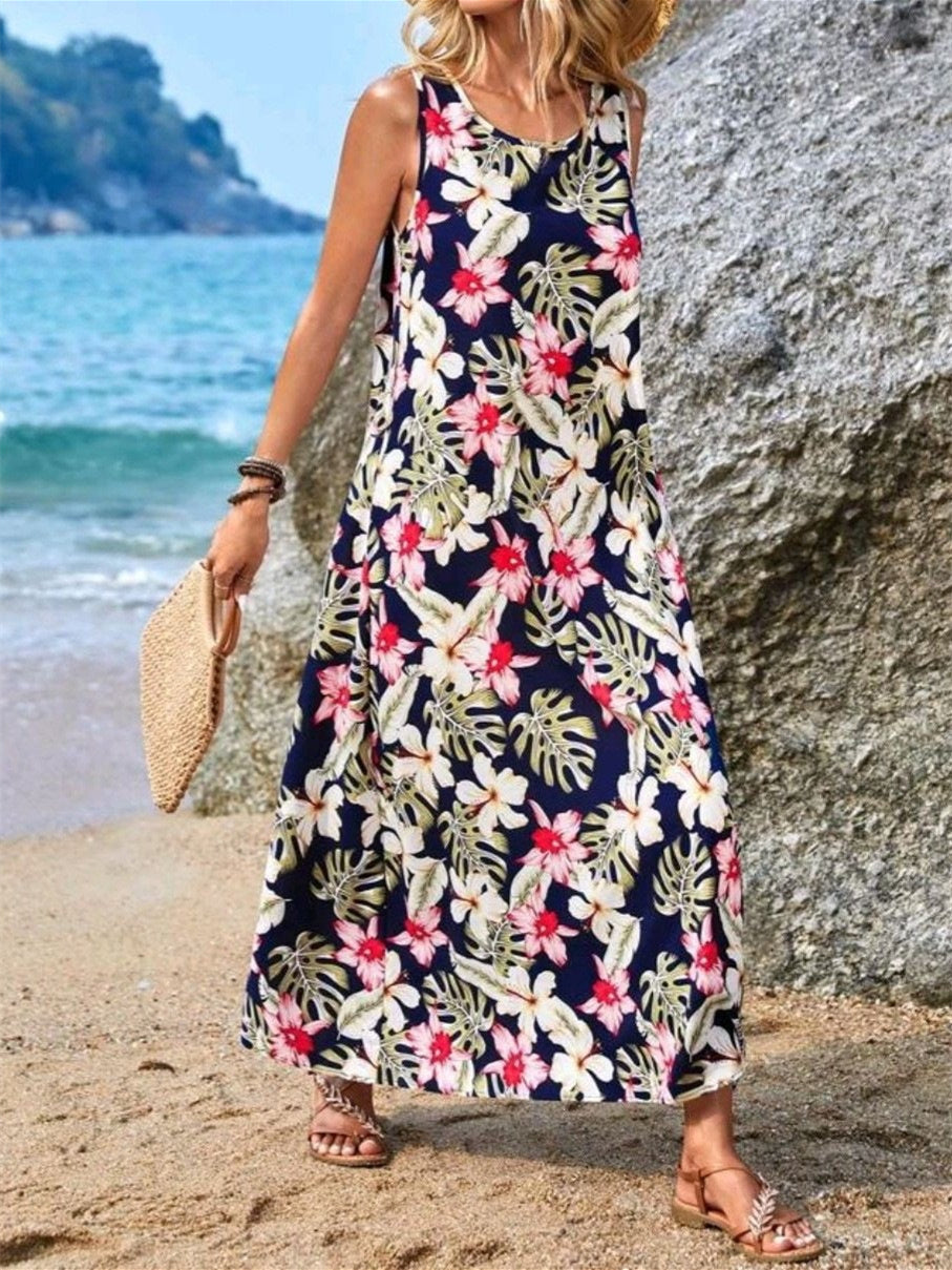 Women's Pocket Floral Print Midi Dress