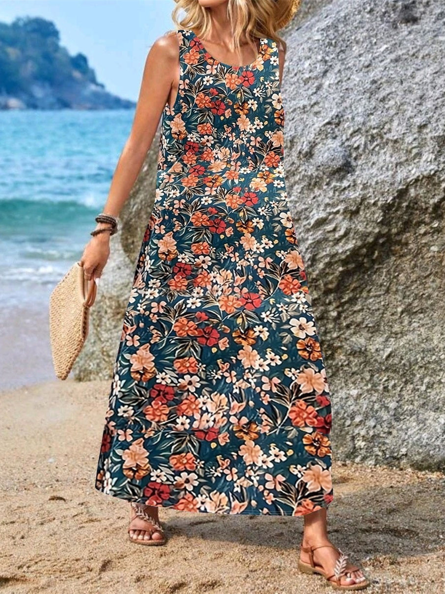 Women's Pocket Floral Print Midi Dress