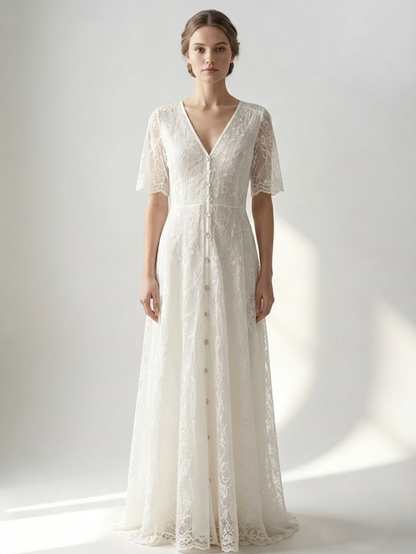 White Lace Maxi Boho Dress for Women - Embroidery Button Front Short Sleeves High Low Dress - Summer Beach Bridal Party Wear 2026