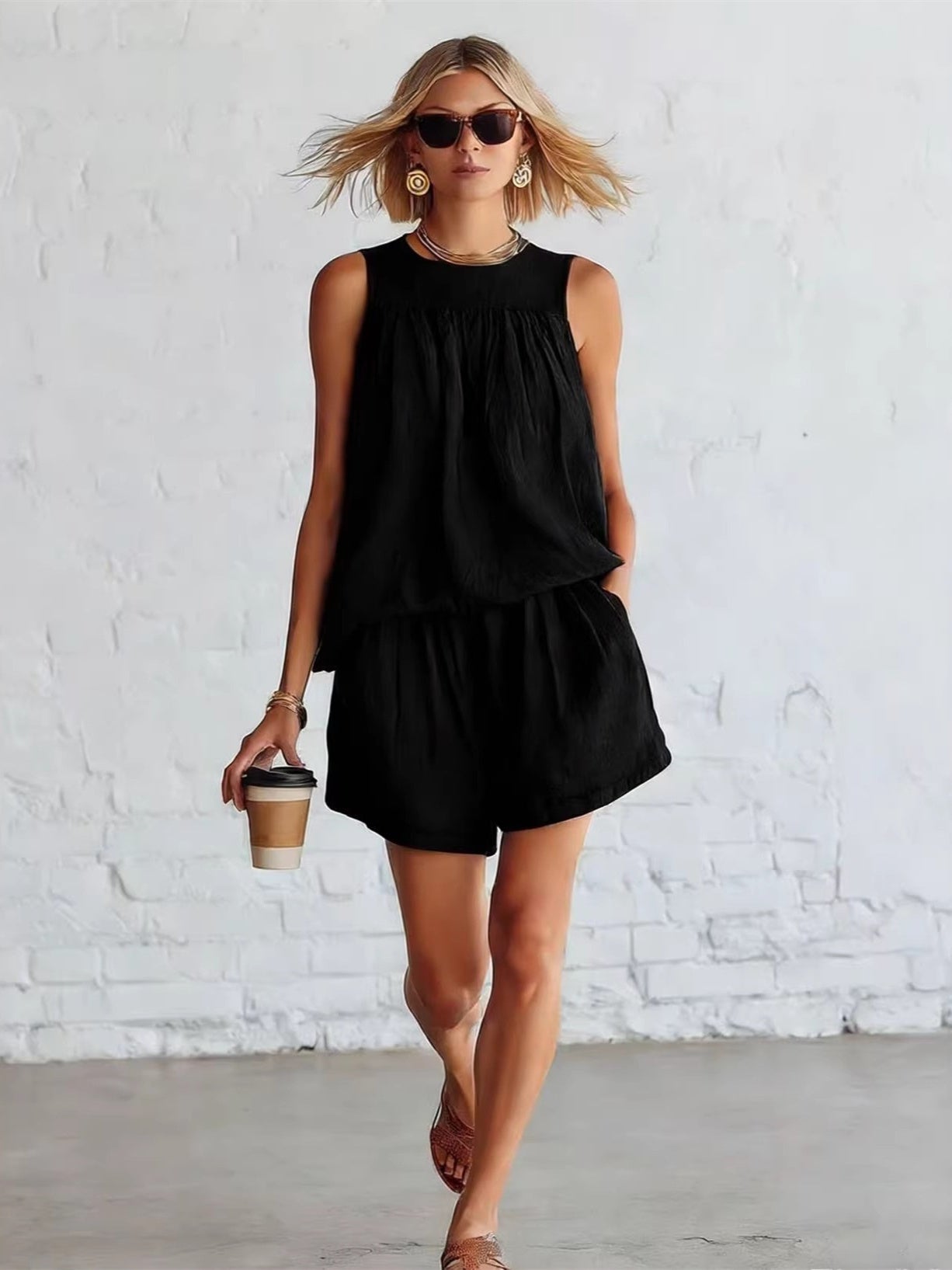 Gathered Solid Color Two-piece Set