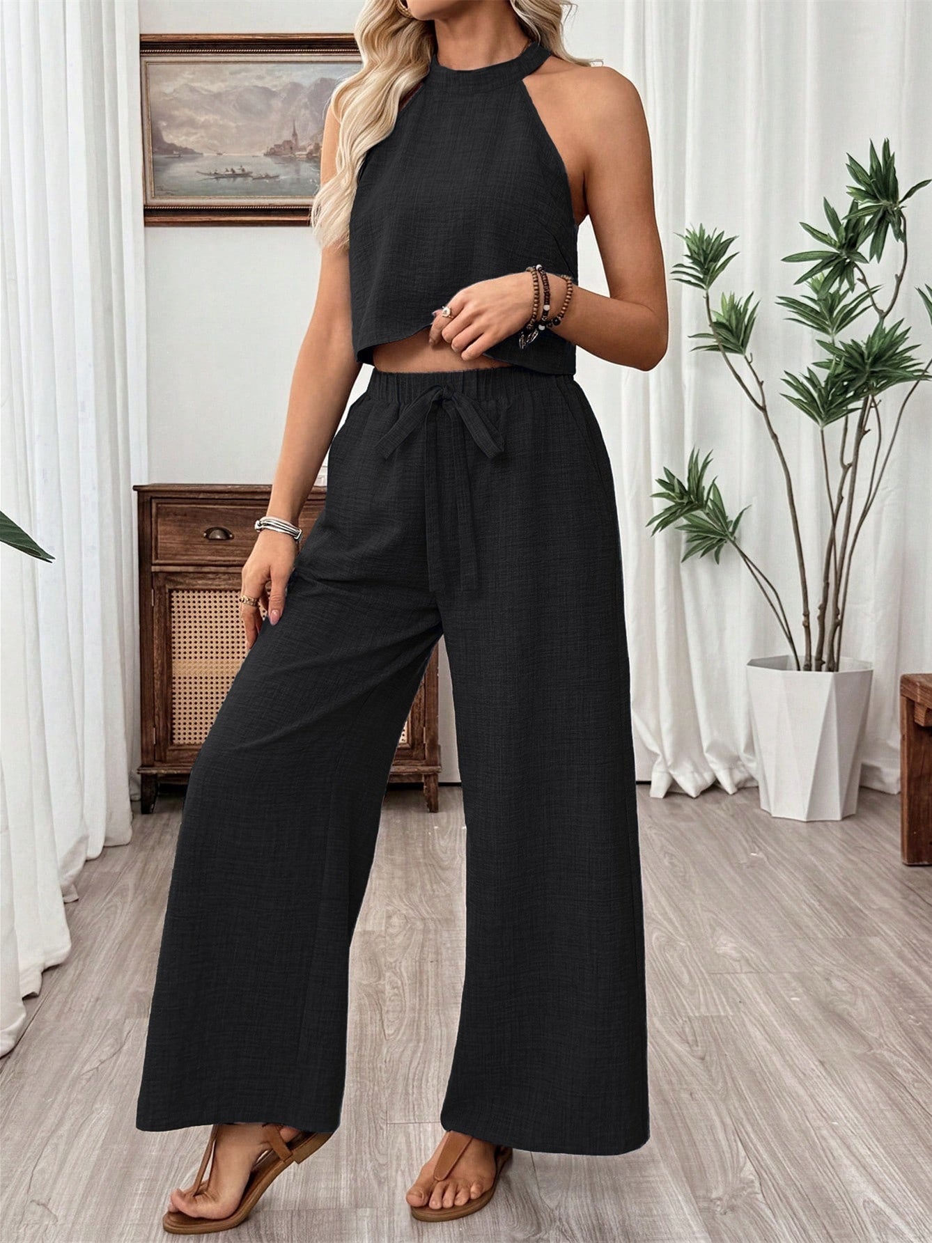 Off-shoulder Solid Color Two-piece Women's Set